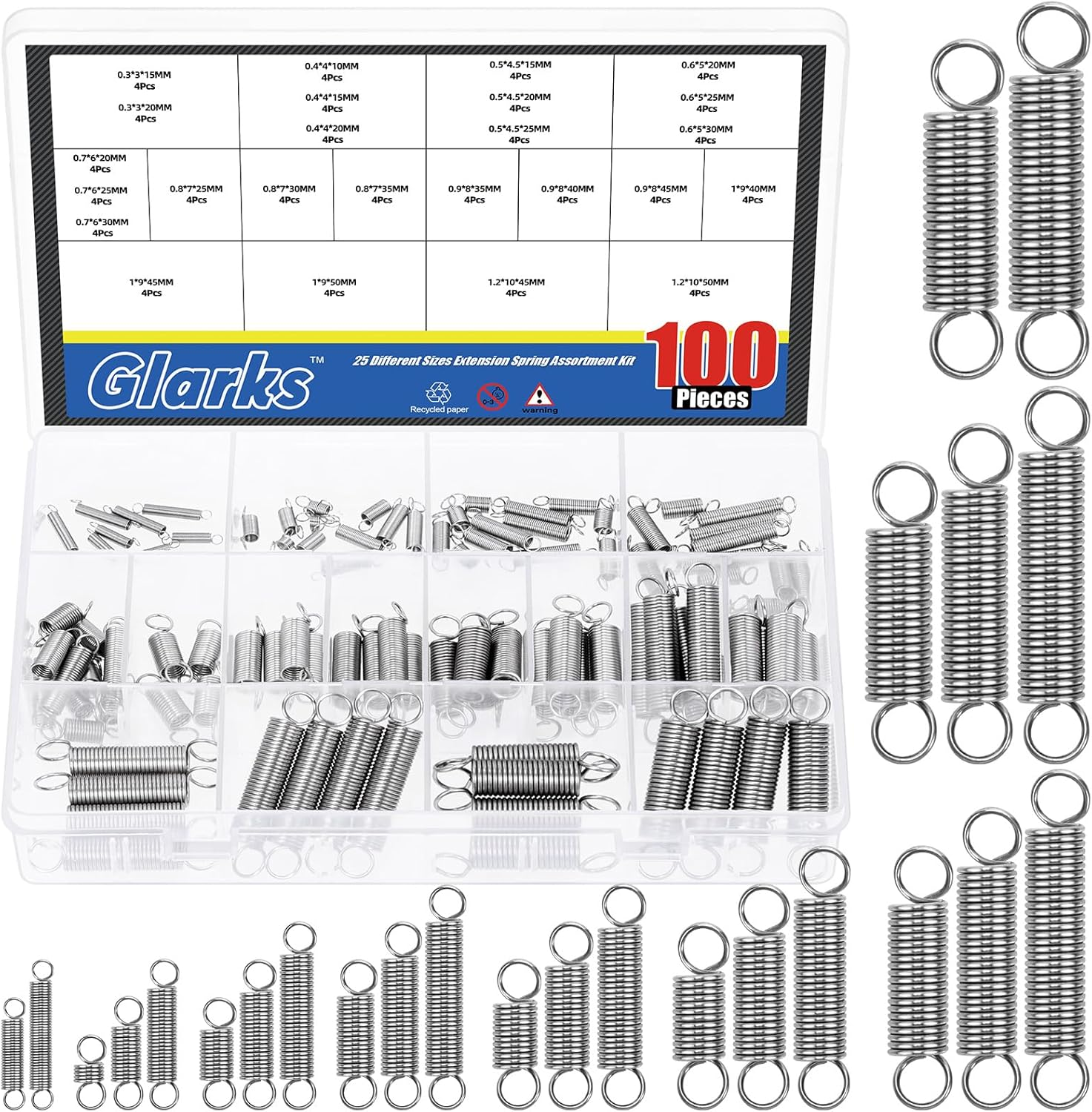 Glarks 100Pcs Stainless Steel Extension Springs with Double Hook Sets 25 Sizes Small Spring Tension Spring Wire Assortment for Machinery Construction Industrial image number 1