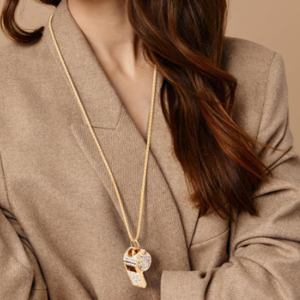 2Pcs Gold Diamond Metal Bling Crystal Rhinestone Whistles with Golden Chain Lanyard Shining,Bling Whistle,Loud Sound,Sports Gift Gear for Referees,Teachers,Sports Competition,Basketball,Training image number 3