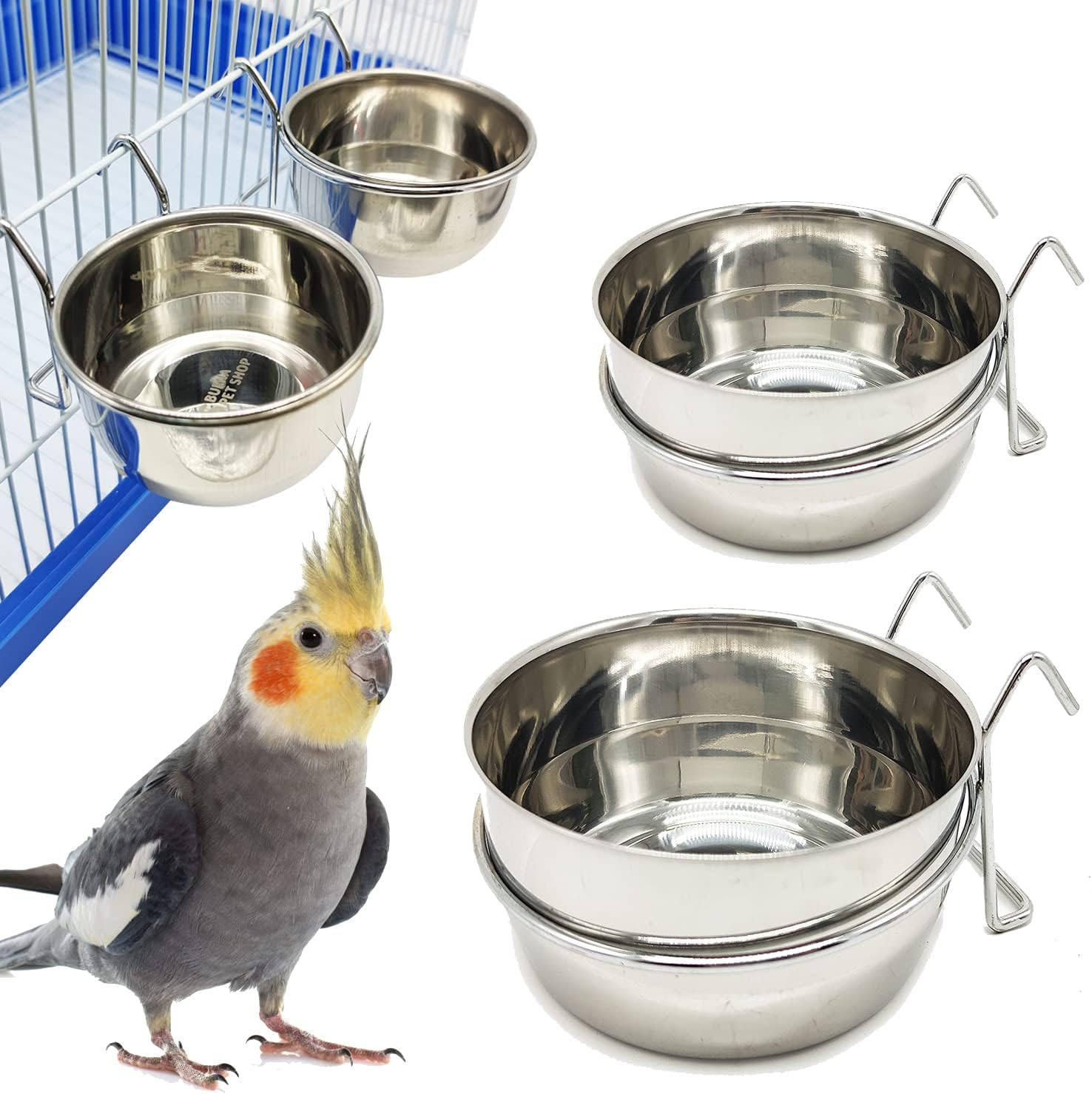 2 X Stainless Steel Food Bowl with Hook Food Container 4 Sizes Pendant for Bird Parrot Small Dog (For Cat) BPS-11131 * 2