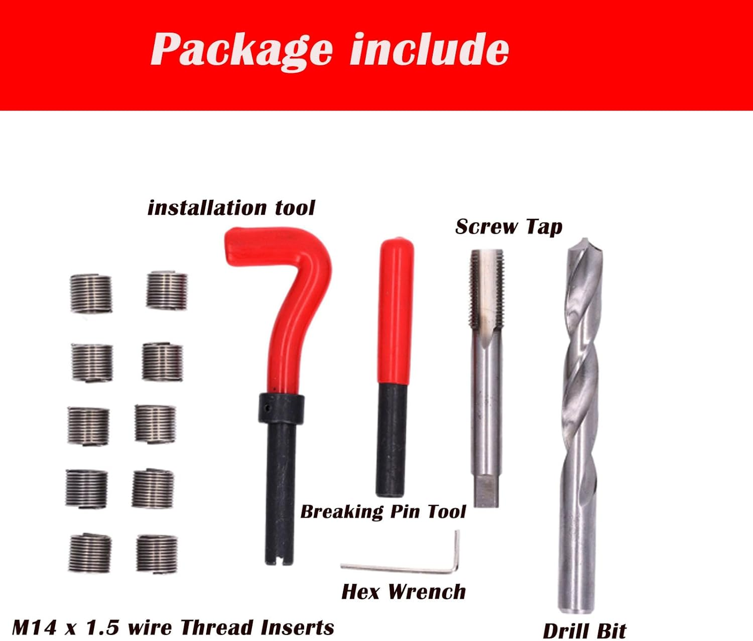 15Pcs Thread Repair Kit, M14X1.5Mm Metric Helicoil Thread Repair Insert Kit with HSS Drill Bits Taps Threaded Inserts Screw Tap Installation Breaking Tool for Auto Repairing
