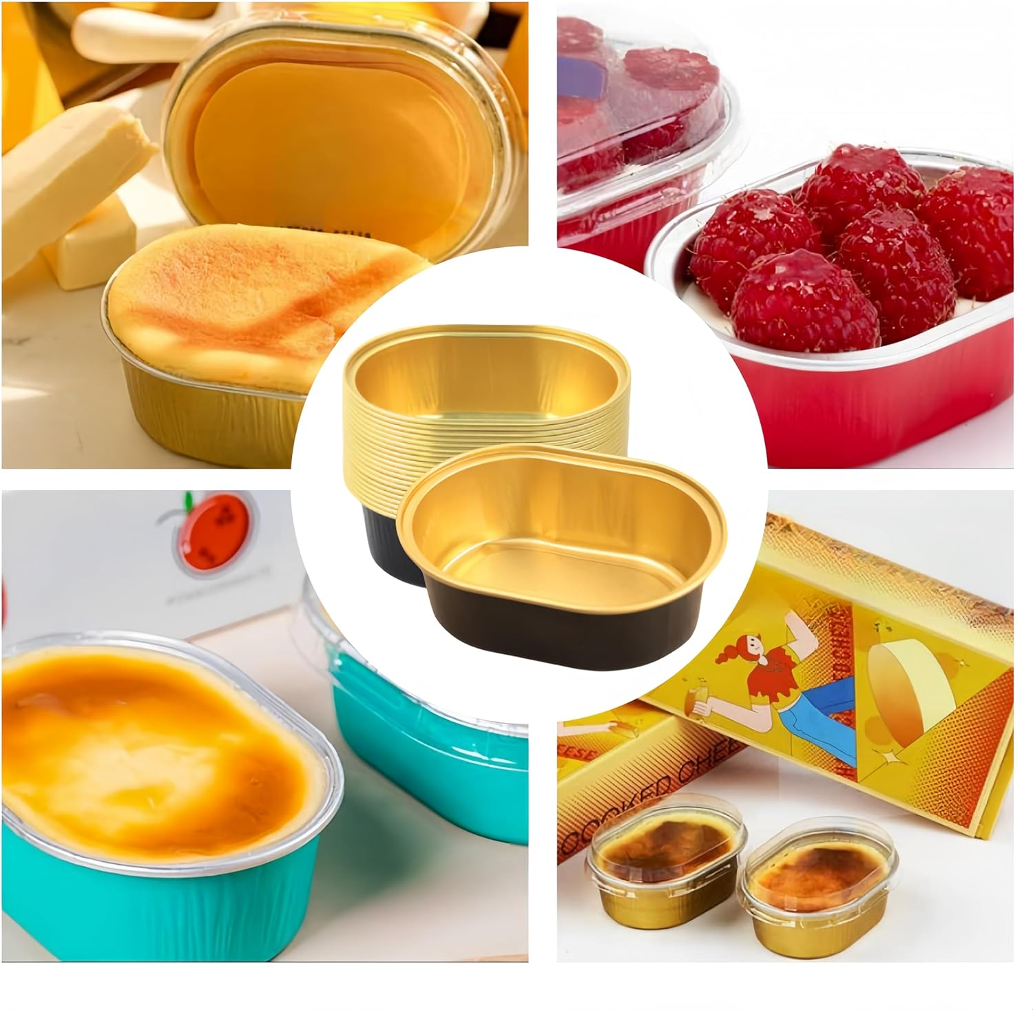 100Pcs Aluminum Foil Cupcake Cups with Lids, Ai-Oumleef Aluminum Foil Oval Cake Pans Cupcake Liners Heat-Resistant Foil Baking Cups Muffin Pan for Cake Cheesecake Pudding (Black Gold) image number 3