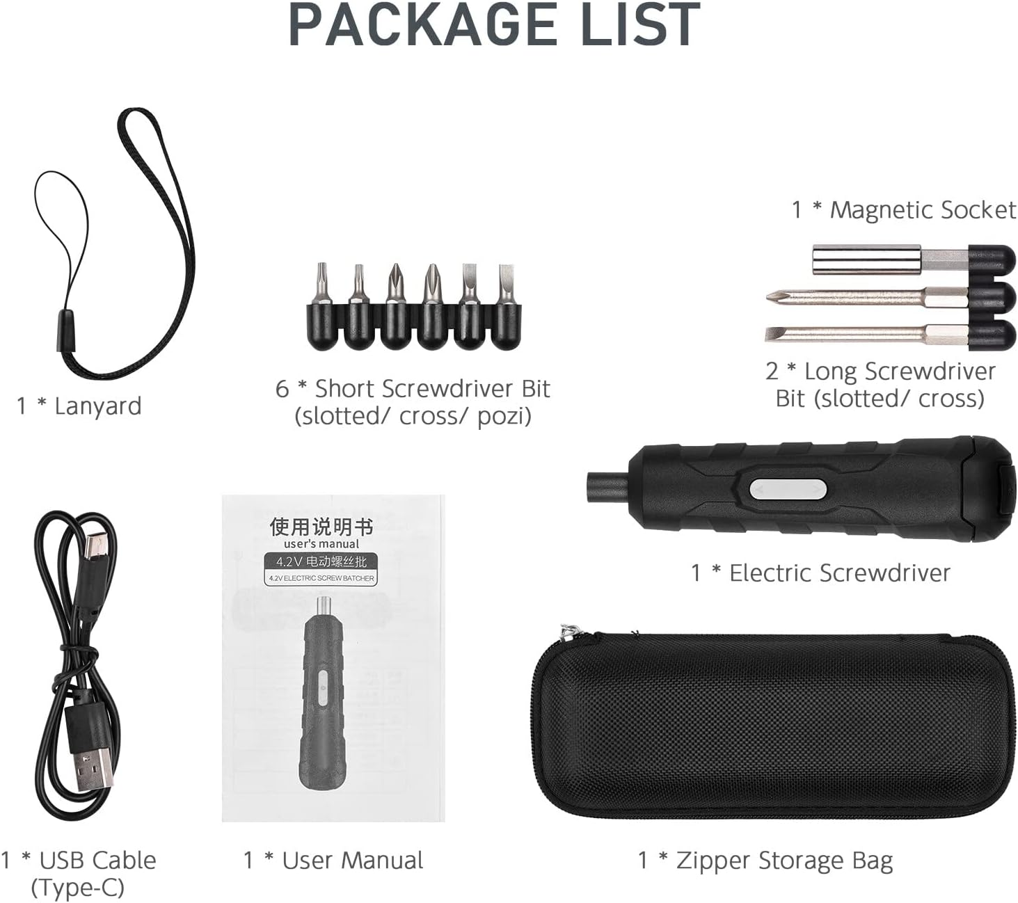Xinyee 4.2V Mini Cordless Screwdriver Kit with 8 Screw Bits Slotted Cross Pozi, Hand Tool Electric Screwdriver Type-C USB Rechargeable Handheld Screw Driver Forward/Reverse Rotation, with Zipper St image number 4