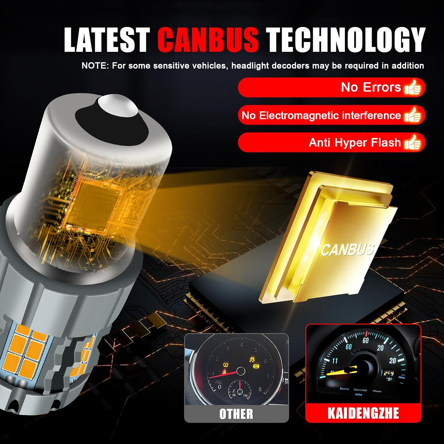 Kaidengzhe 1156 LED Turn Signal Light Bulb, CANBUS Error Free 400% Bright 3000LM, 12V-30V anti Hyper Flash BAU15S PY21W LED Bulb Amber Yellow Replacement for Front and Rear Position Light, 2PCS image number 6
