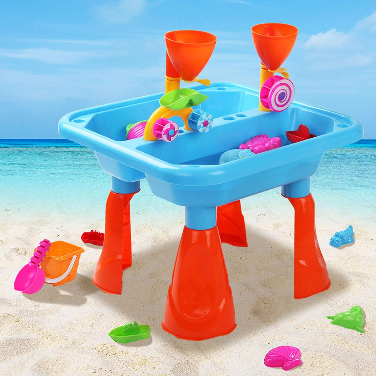 Keezi Water Table, 23Pcs Sandpit Toys Kids Pretend Play Set Toddler Sand Tables Baby Activity Beach Toy Outdoor Plays Equipment, with Sands Moulds Bucket Spade Multi-Coloured