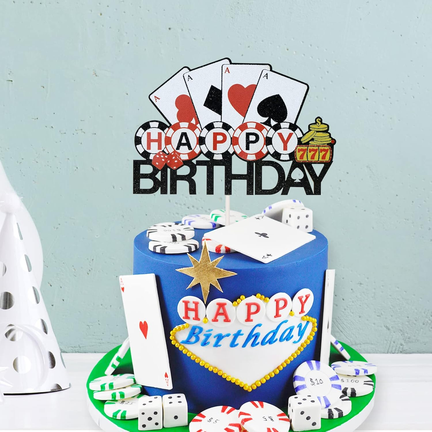 Casino Happy Birthday Cake Topper, Poker Theme Birthday Cake Decor, Las Vegas Party Supplies, Pre-Assembled, Double-Sided Glitter image number 2