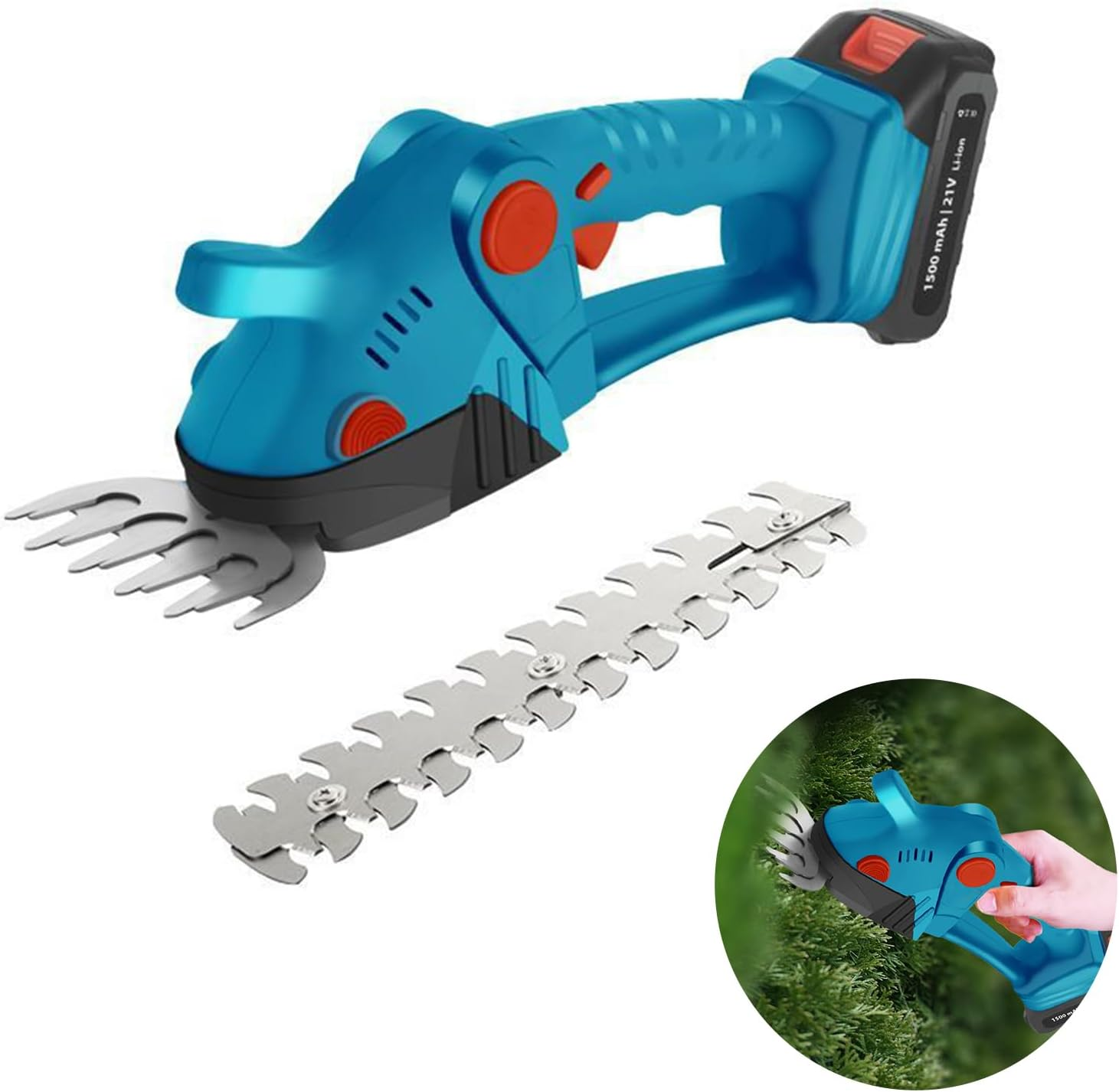 2 In1 Hedge Trimmer Cordless, Grass Shear, Hedge Trimmers, Lightweight, Hedge Shears, Electric Hedge Trimmer, with 2 Interchangeable Blades for Shrub, Garden, Grass, Lawn and Pruning-Blue image number 3