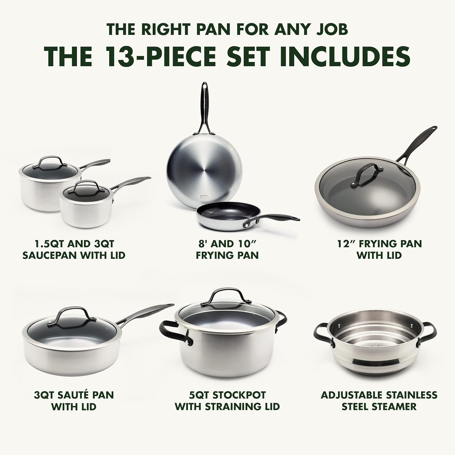 Greenpan Venice Pro Noir Tri-Ply Stainless Steel Healthy Ceramic Nonstick 13 Piece Cookware Pots and Pans Set, Matte Black Handle, Pfas-Free, Multi Clad, Induction, Dishwasher Safe, Oven Safe, Silver image number 5