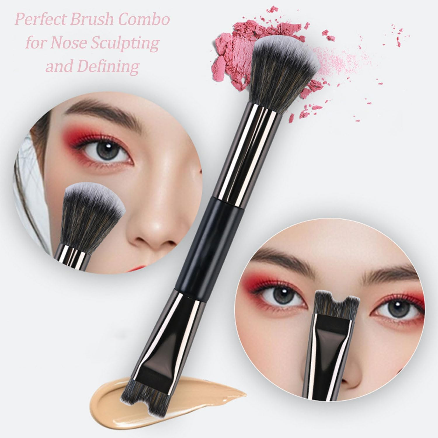 2 Pcs Nose Contour Brush, U-Shaped Contour Brushes for Makeup, Multifunctional Dual-End Fluffy Brush, Soft Mini Angled Flat Concealer Brush for Women Girls Makeup Concealing image number 2