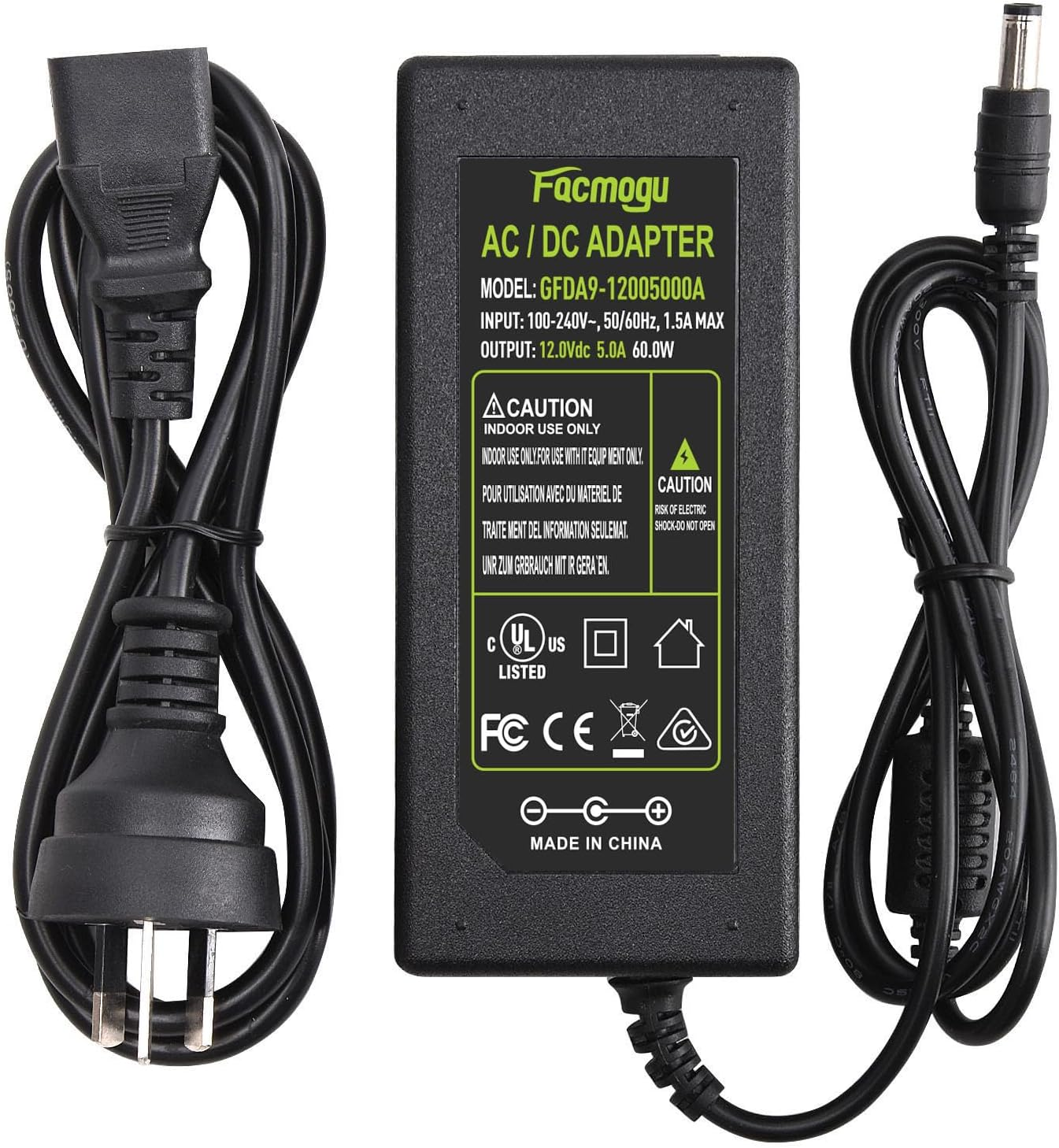 Facmogu AC to DC 12V Power Adapter, AC 100V-240V to DC 12V 5A 60W Power Supply, AU Plug 5.5X2.5Mm & 5.5X2.1Mm, 2.1M/ 6.9Ft Long Cable Switching Transformer Converter for LED Strip Light Cameras CCTV image number 1