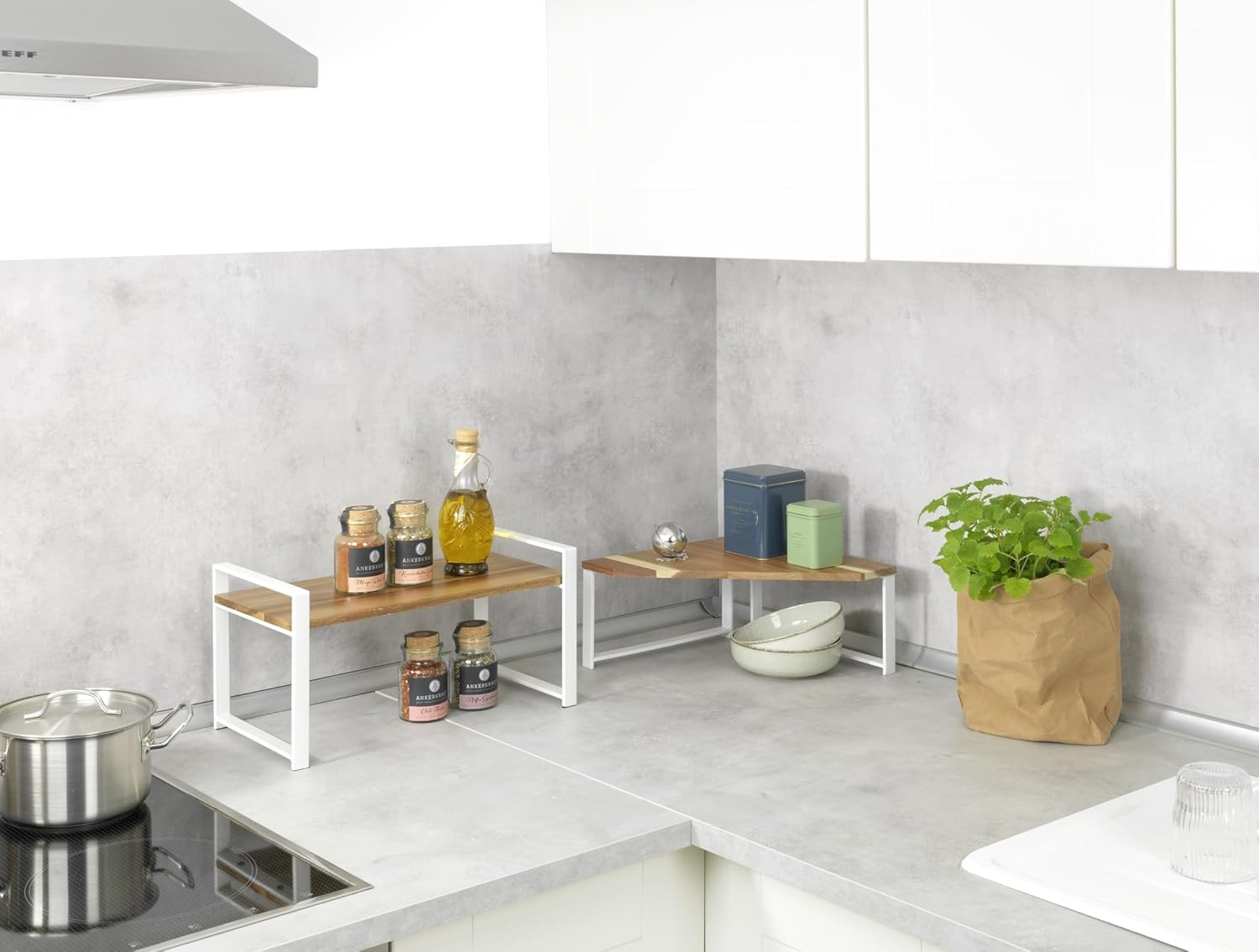 WENKO Louisa Kitchen Shelf Small Kitchen Shelf for Worktop, Acacia Wood and Metal, Creates More Storage Space in the Kitchen, 40 X 20 X 20 Cm, White image number 4