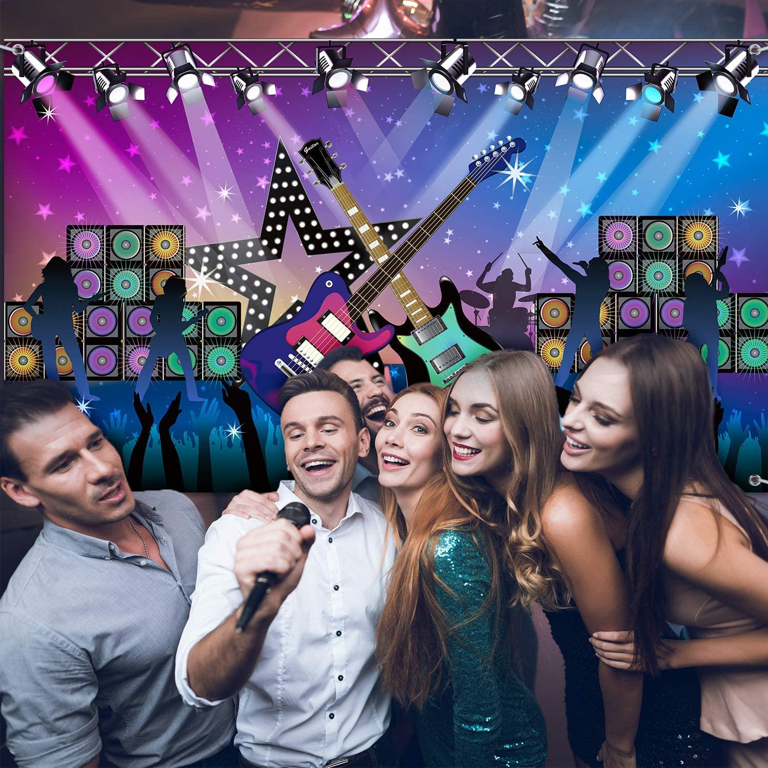 Karaoke Party Decorations Supplies, Large Fabric Rock Star Vacation Party Backdrop Banner for Rock N Roll Party Decorations, Rock Star Banner Background, 72.8 X 43.3 Inch image number 4
