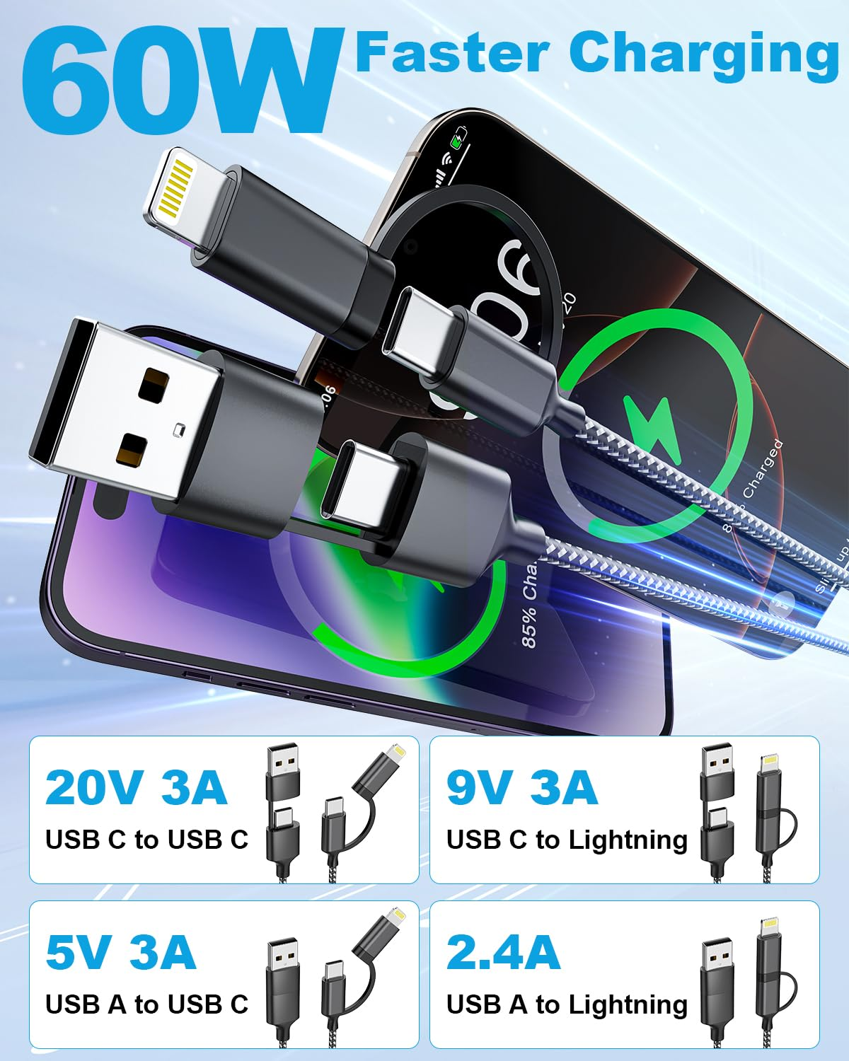 5M Extra Long Iphone Charger Cord, 60W USB-C and Lightning 2-In-1 Cable, Long Braided USB-C Fast Charging Cable for Iphone 17/16/15/14 Pro/Pro Max, Macbook, Ipad (Black, 5M) image number 5