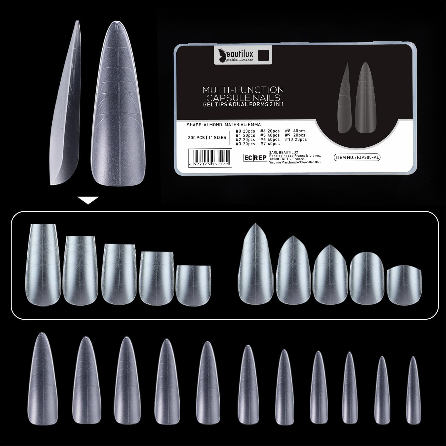 Beautilux Tips for Gel Nails, Pack of 300 with Guide Lines, Full Cover Nail Tips, 12 Sizes, Artificial for Nail Tips and Dual Nail Forms (FJP300-AL) image number 6