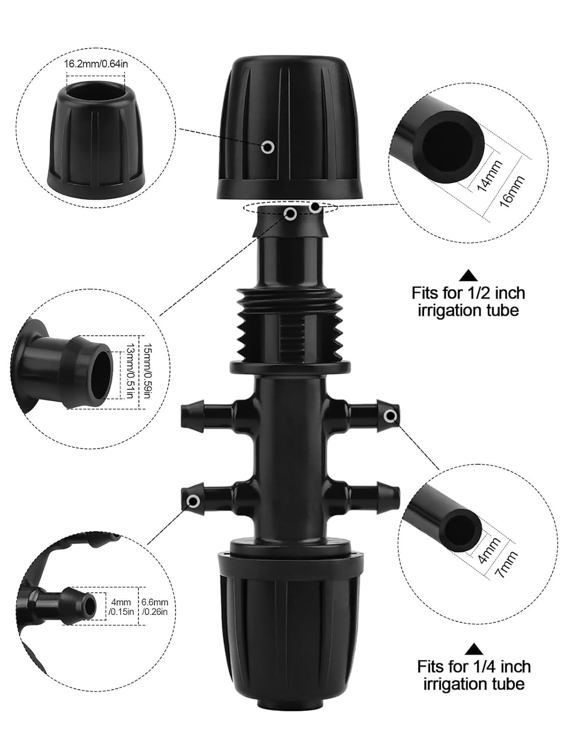 Kalolary 10PCS Barbed Tee 1/2 Inch to 1/4 Inch Irrigation Tube Anti-Drop Premiun Quality Fitting (Fits 13Mm ID/ 4Mm ID), 16Mm PE Pipe Lock Female Connector to 47 Pipe Variable Diameter Six-Way Adapter image number 1
