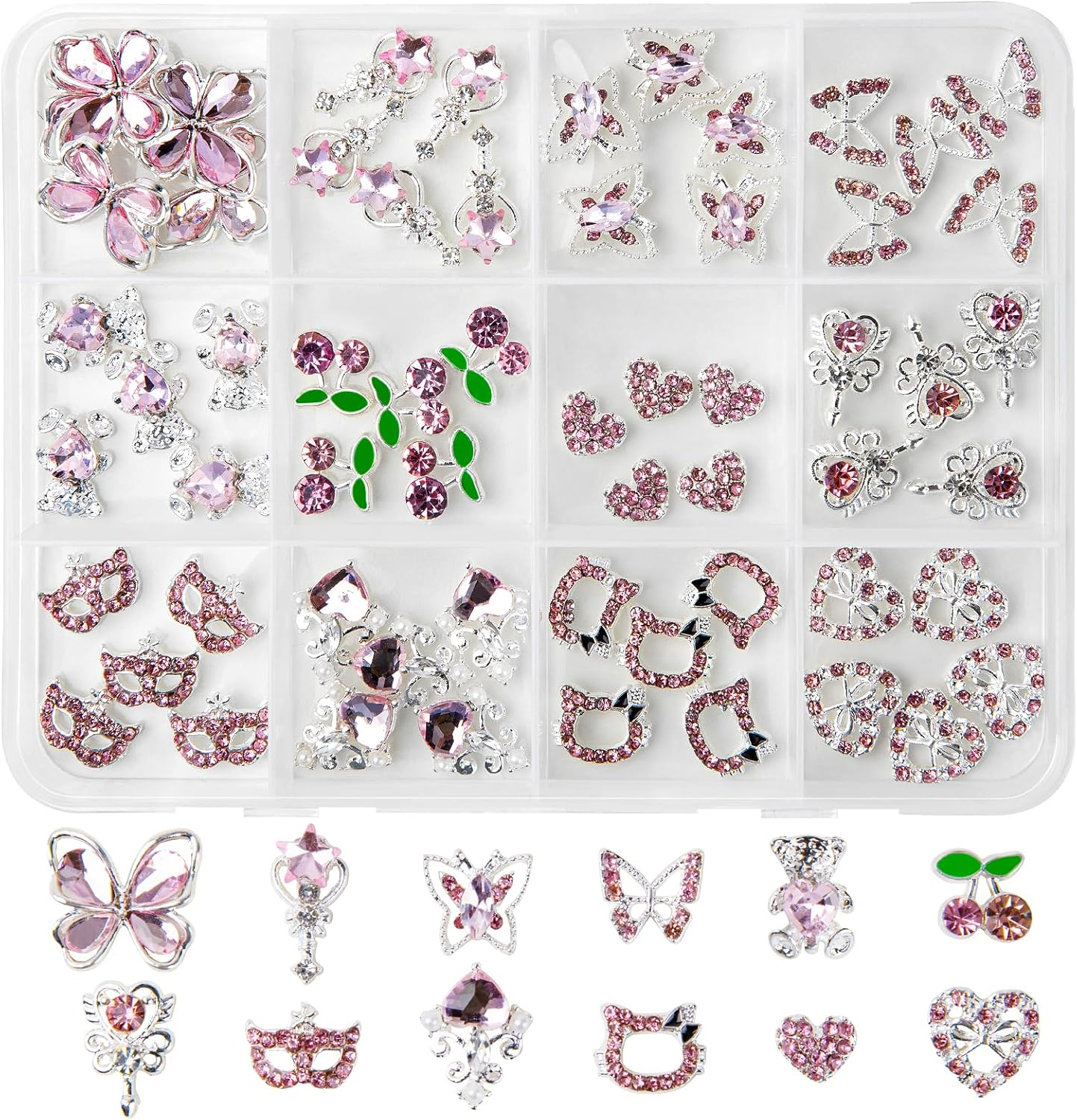 Madenia 60Pcs 3D Nail Art Rhinestone: 12 Silver Alloy Pink Nail Gems in Nail Art Decoration Supplies- Suitable for Women'S Nail Charm DIY in Nail Salon image number 2