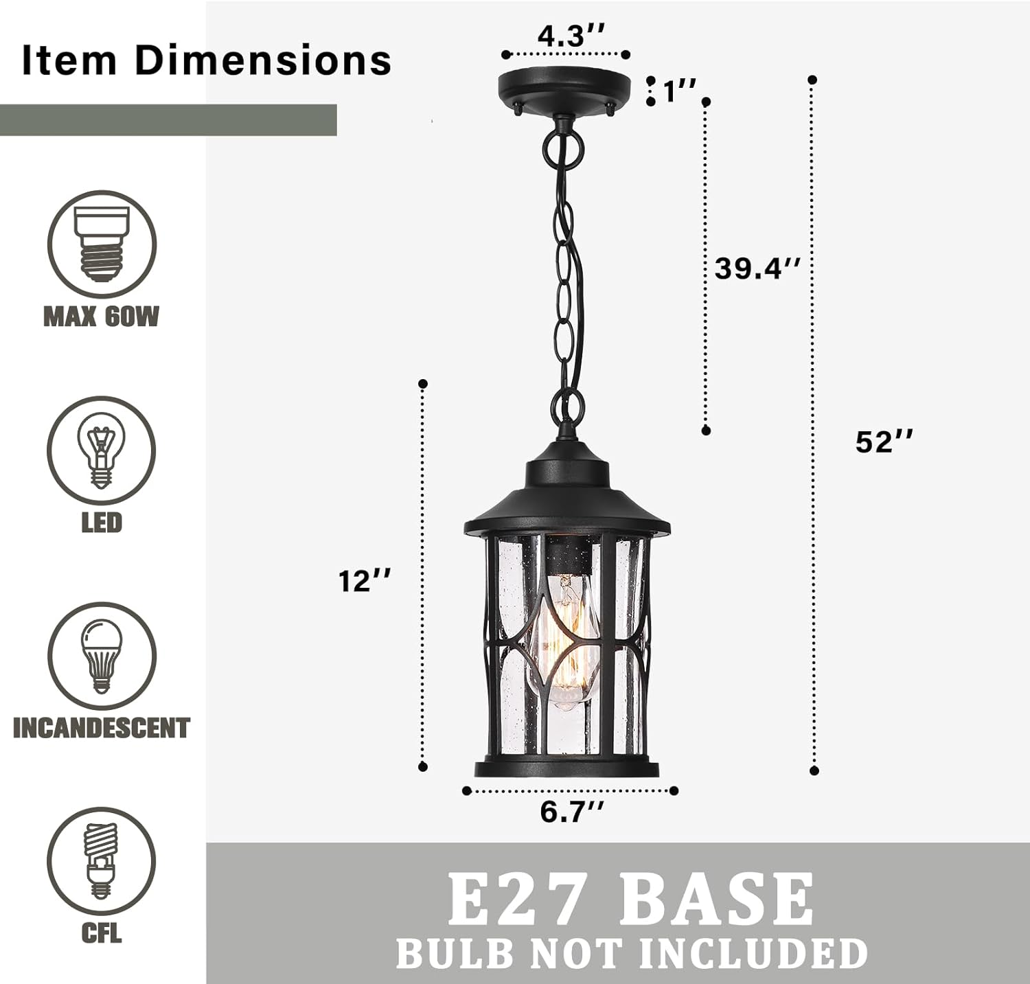 EMLIVIAR Outdoor Pendant Light for Porch - 12 Inch Farmhouse Exterior Hanging Lantern with Seeded Glass, Black Finish, AUX04H BK image number 5