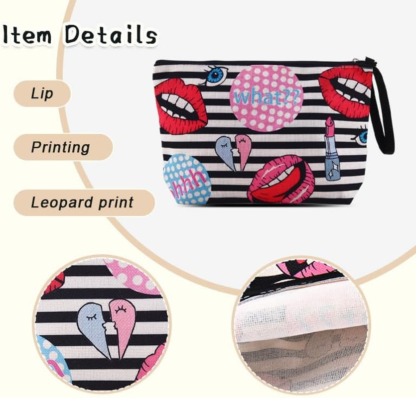 Funny Lips Print Makeup Bag for Women Girls Stripe Travel Cosmetic Pouch for Best Friend Bestie Anniversary Birthday Gifts for Daughter Fashionistas Lipstick Print Make up Organizer Makeup Lover Gift image number 1