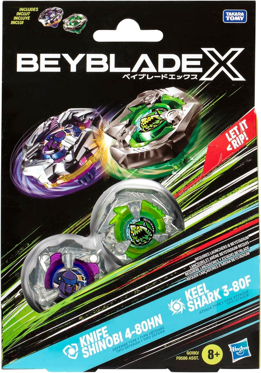 BEYBLADE X Knife Shinobi 4-80HN and Keel Shark 3-80F Dual Pack Set with 2 Right-Spinning Tops; Battling Top Toys for 8 Year Old Boys and Girls