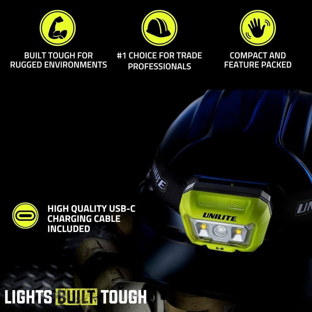 Unilite HL-8R USB Rechargeable Dual Beam Sensor Head Torch | 475 Lumen | 6500K | 4 to 35 Hours Run Time | 90 Meter Beam Range | IP65 IK07 image number 4