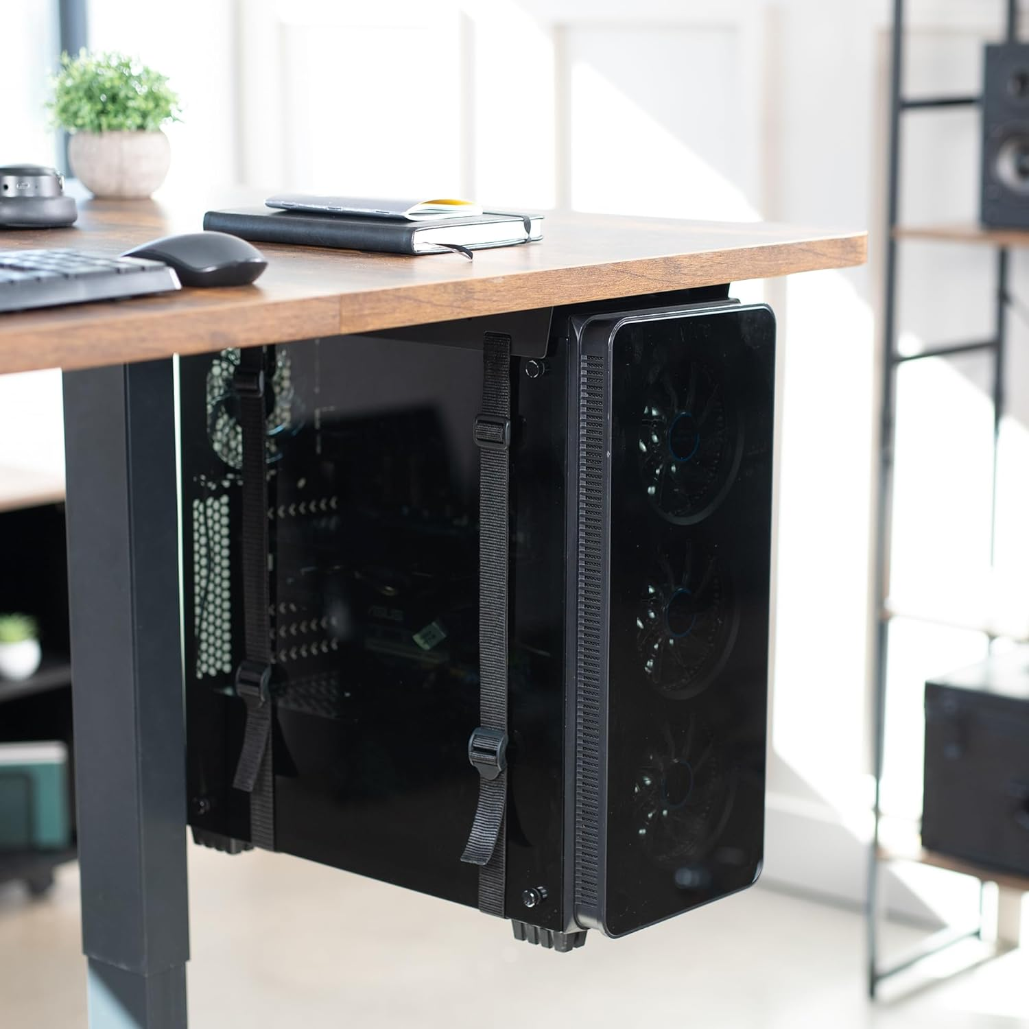 VIVO Under-Desk and Wall Mount PC Adjustable Strap and Steel Bracket Holder, Computer Case Carrier, Black, MOUNT-PC02S image number 1