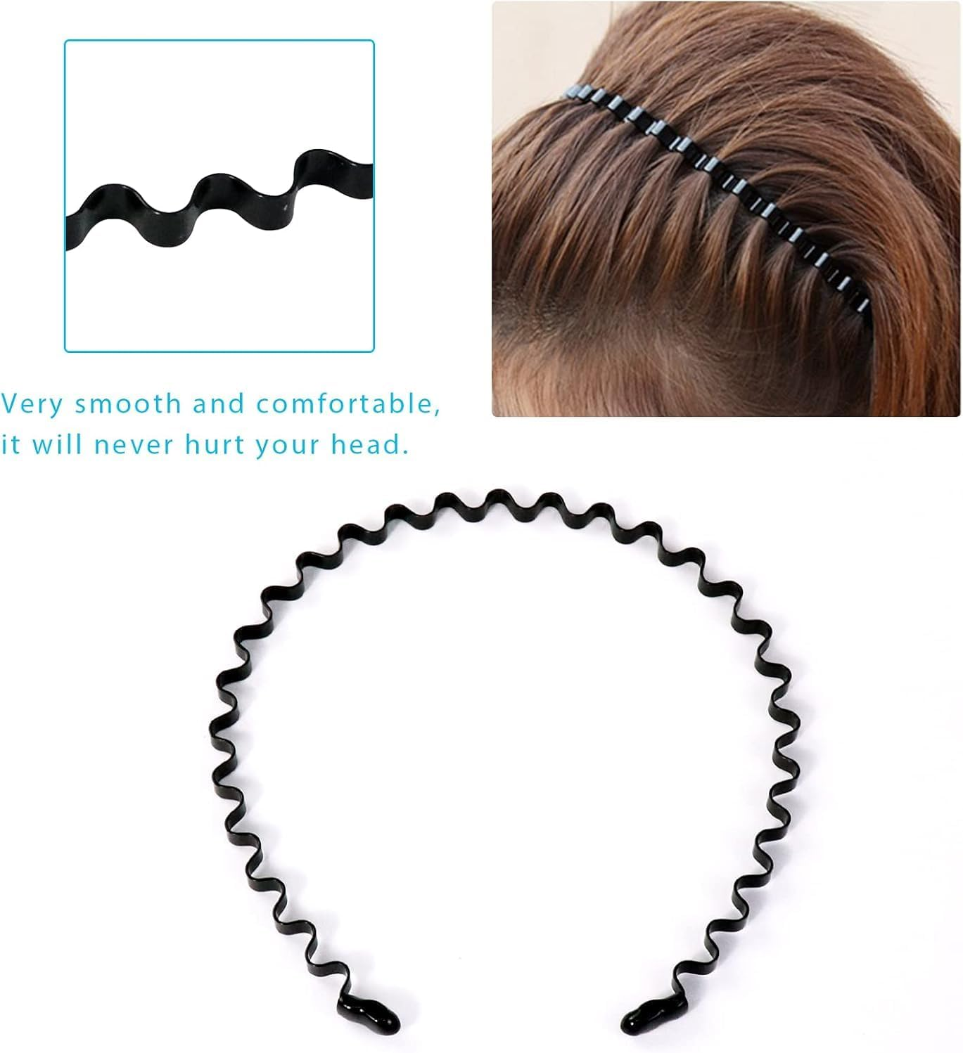 Aufwolken 3 PCS Metal Headband Black - Unisex Sport Fashion Hair Accessories, Spring Wave Hair Hoop Band for Men & Women image number 4