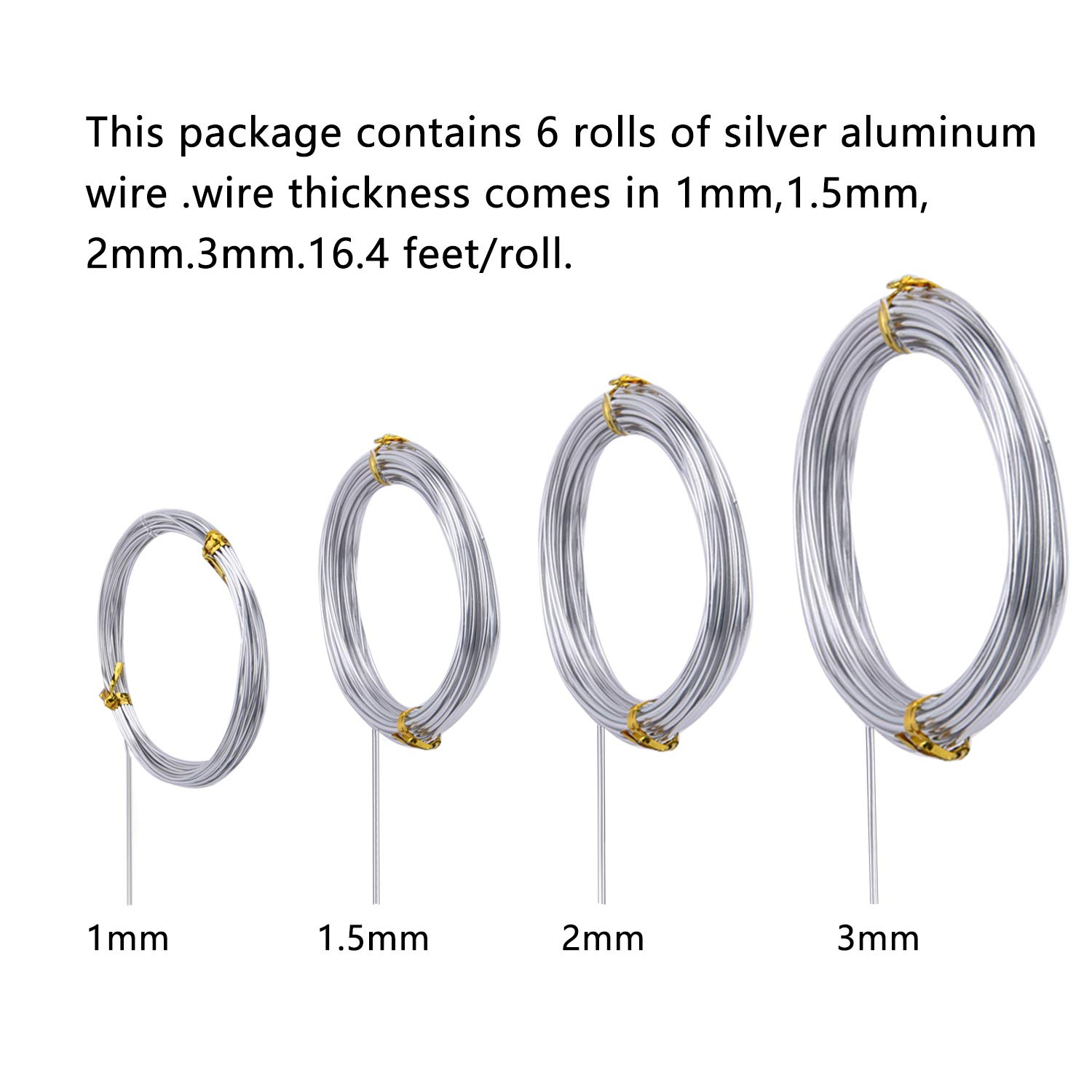 Sunmns 6 Rolls Silver Aluminum Wire, DIY Craft Art Wire, Soft and Flexible Metal Iron Wire, 1Mm, 1.5Mm, 2Mm, 3Mm in Thickness image number 4