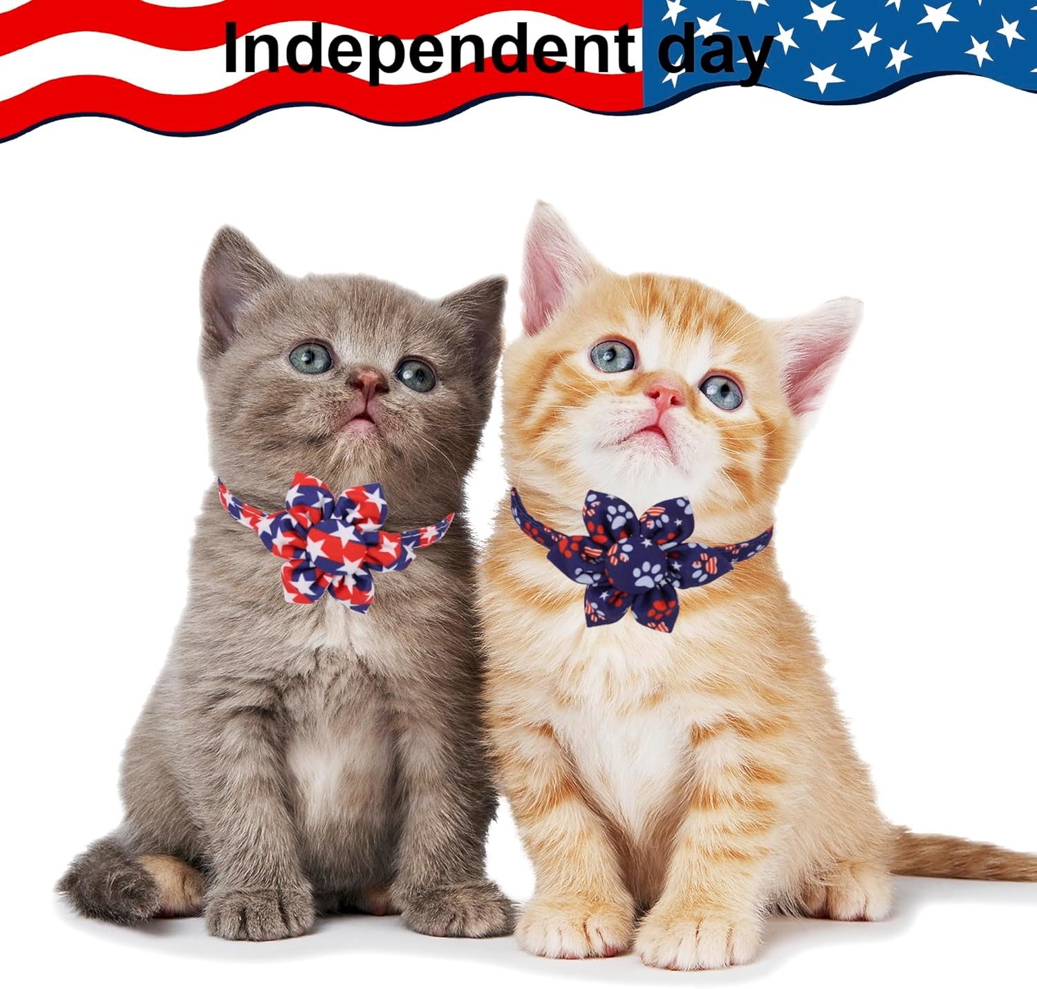 ADOGGYGO American Flag Cat Collars with Removable Flower Bell, Adjustable 4Th of July Cat Floral Collars Red Blue Cat Flag Collars for Cats Kittens (4Th of July) - 4Th Of July image number 4
