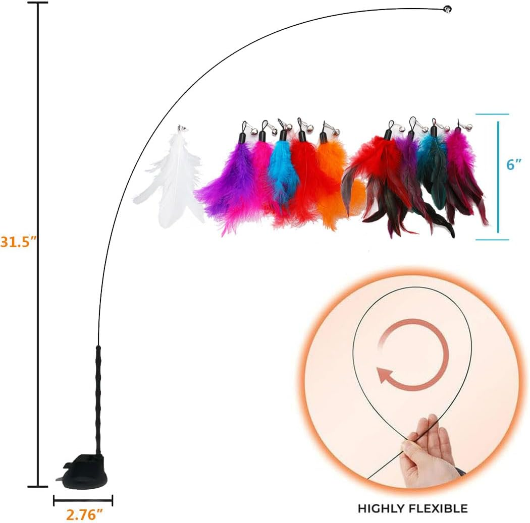 Idopick 10 Pcs Cat Toys for Indoor Cats,Interactive Suction Cup Cat Toys for Bored Indoor Adult Cats Teaser Cat Toys, 1 Flexible Steel Wire and 10 Pcs Replacement Feather Refills with Bell image number 6