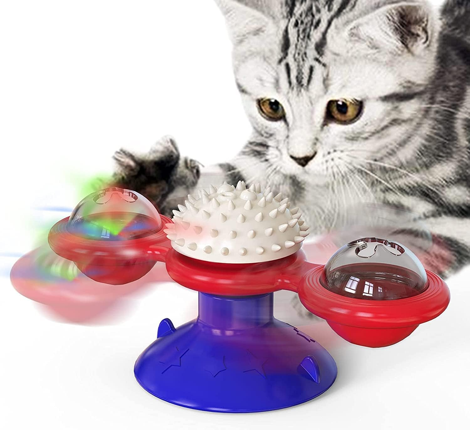 Windmill Cat Toy Cat Hair Rubbing Device Interactive Cat Rotating Toy Interactive Cat Rotating Toy with Suction Cup Kitten Turntable Massage Toy Indoor Cat (Blue+Red)