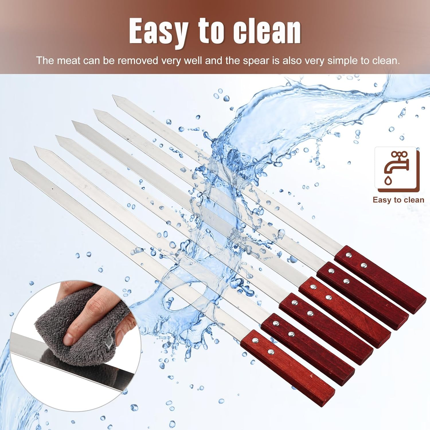 10 Pcs Heavy Duty Kabob Skewers 1 Inch Wide 2 Mm Thin Kabob BBQ Stainless Steel Metal Skewers for Grilling with Wooden Handles, Silver(60Cm Long) image number 6