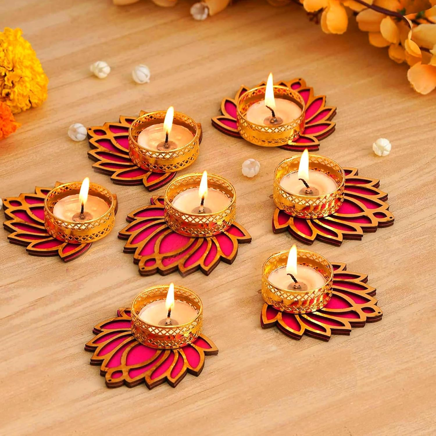 Tied Ribbons Lotus Tealight Candle Holder | Set of 7 | Tealight Holder for Diwali Decoration, Indian Decorations Home, Tealight Diya for Diwali, Pooja, Mandir, Temple, Ganesh Chaturthi Decoration