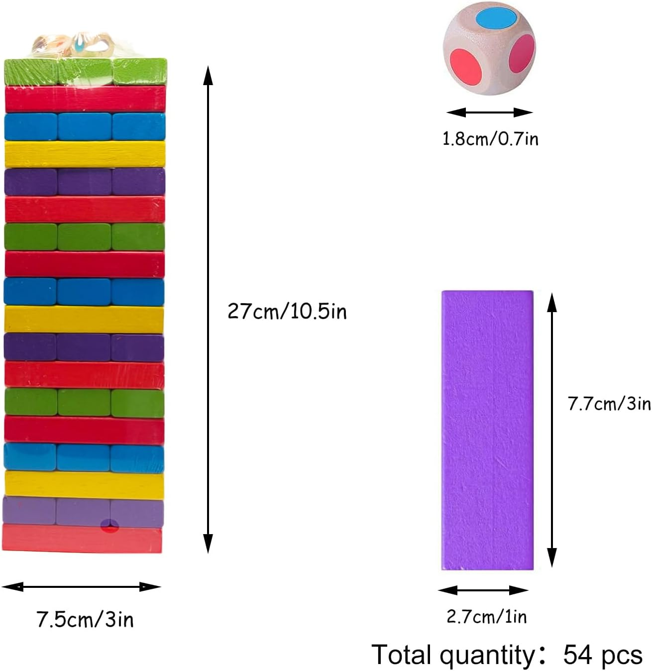 Cawtiuly 54Pcs Wooden Blocks Stacking Tumbling Tower Game, Colorful Tower Building Blocks for Kids Adults Family, Classic Block Stacking Board Games for Indoor Outdoor Party Night Toy Games (Colorful) image number 4