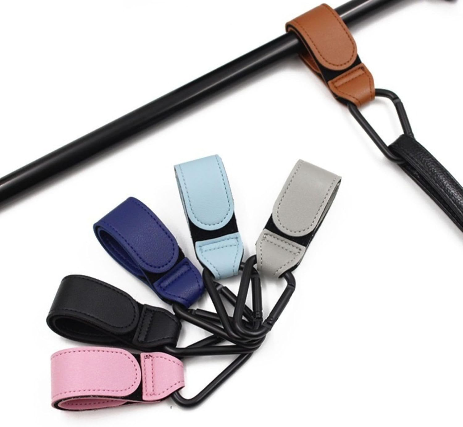 2 Pcs Baby Bag Clips, Leather Buggy Clips Multipurpose Hooks Pram Clips, Pushchair Clips Baby Stroller Hooks with Sturdy Carabiner and Strong Magic Adhesive for Hanging Shopping Handbag Changing Bag image number 4