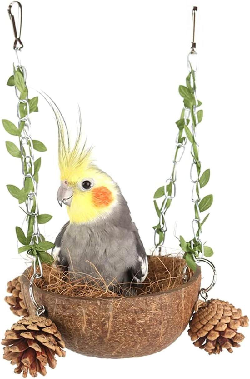 Natural Coconut Shell Bird Nest with Coconut Fiber Pad, Bird Breeding Nest Hanging Birdhouse for Cage Parrot Parakeet Lovebird Finch Canary Nest image number 2