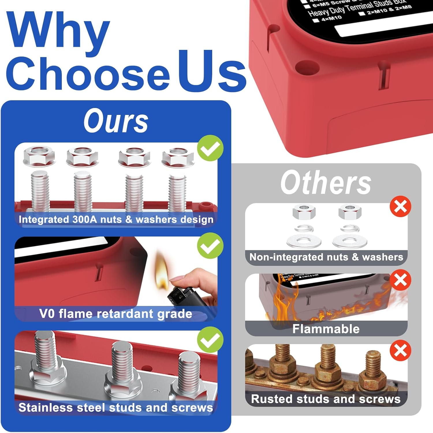 Heavy Duty Bus Bar 300A 12V Power Distribution Block with 5/16" (M8) 4-Posts Terminals Block with Cover for Automotive, Marine, Battery System(Red) image number 4