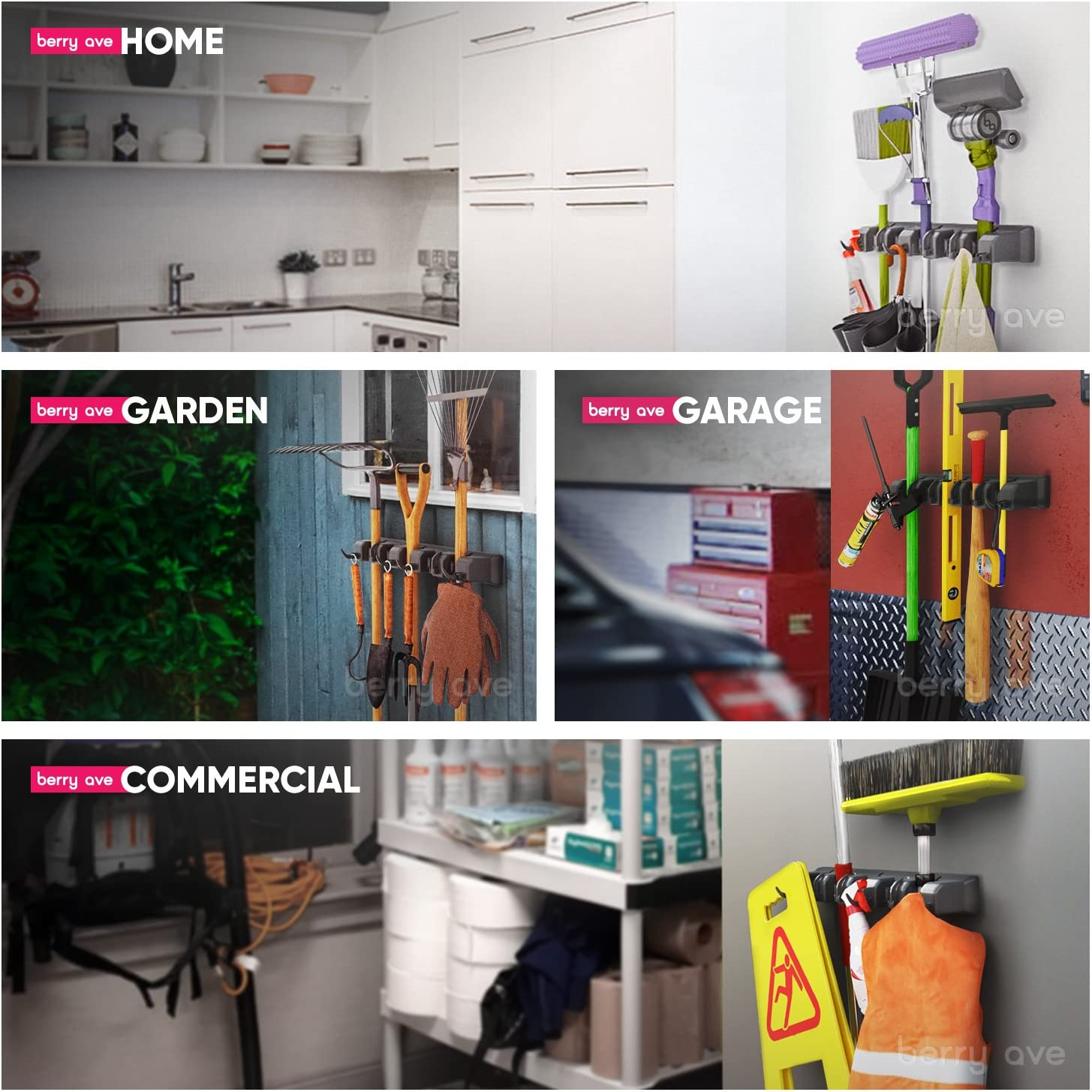 Berry Ave Broom Holder & Wall Mount Garden Tool Organizer - Home Laundry Room, Kitchen, Closet, Shed, Garage Organization and Storage Utility Rack - 5 Slots & 6 Hooks -Rake, Shovel, Mop Hanger (Black) image number 5