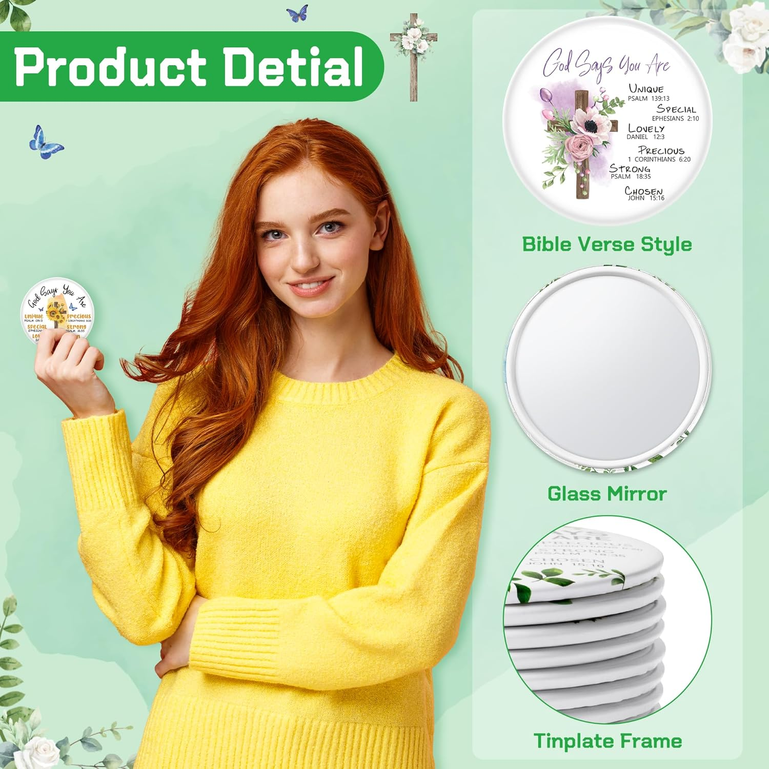 Y1Tvei Christian Gifts Compact Mirror - 72Pcs Flower Cross God Say You Are Bible Verse Mini Compact Mirrors Inspirational Portable Pocket Makeup Mirror for Church Party Favors for Women Mothers&rsquo; Day image number 5