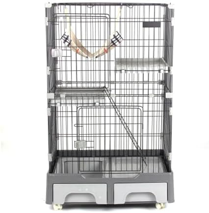 BTM Cat Cage - 2 Tiers with Toilet, Casters, Hammock, Stylish House, Multi-Tier, Answering Machine, Protection, Escape Prevention, Multiple Heads, Steel Pet Cage