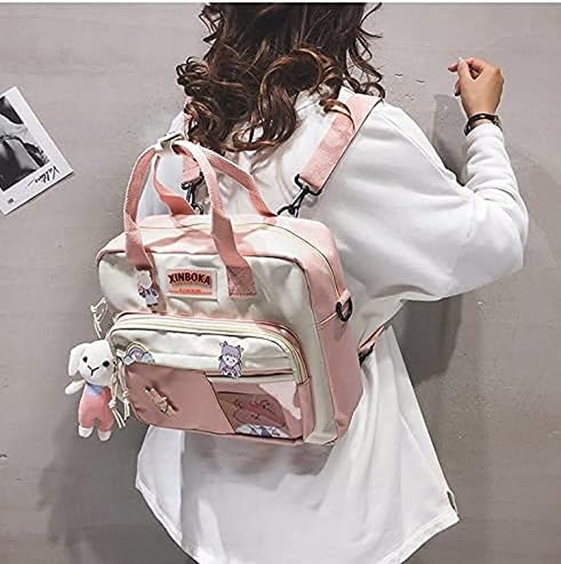 Kawaii Canvas School Backpack with Pendant, Laptop Shoulders Bag, Back to School off to College Supplies - Pink image number 3