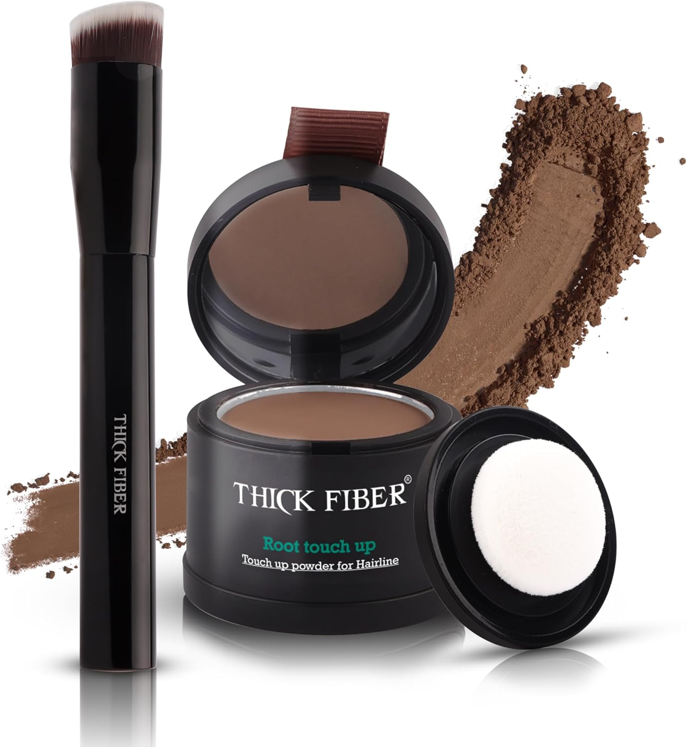 THICK FIBER Root Touch up & Hairline Powder with Brush (Dark Brown) &ndash; Covers Grey Roots & Thin Hair &ndash; Water & Sweat Resistant &ndash; Hair Loss Concealer for Women, Bald Spots, Root Coverage & Part Lines