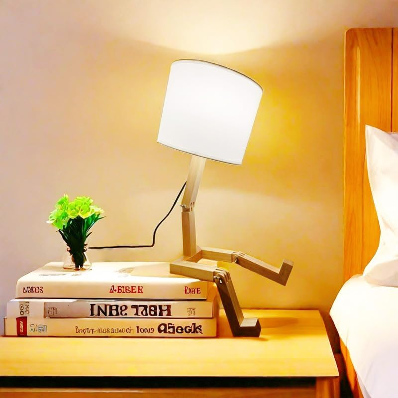 Cute Desk Lamp,Wooden Robot Table Lamps for Bedroom,Adjustable Head Unique Bedside Fun Funky Person Lamp for Home,Dorm Room,Kids Room,Office image number 2