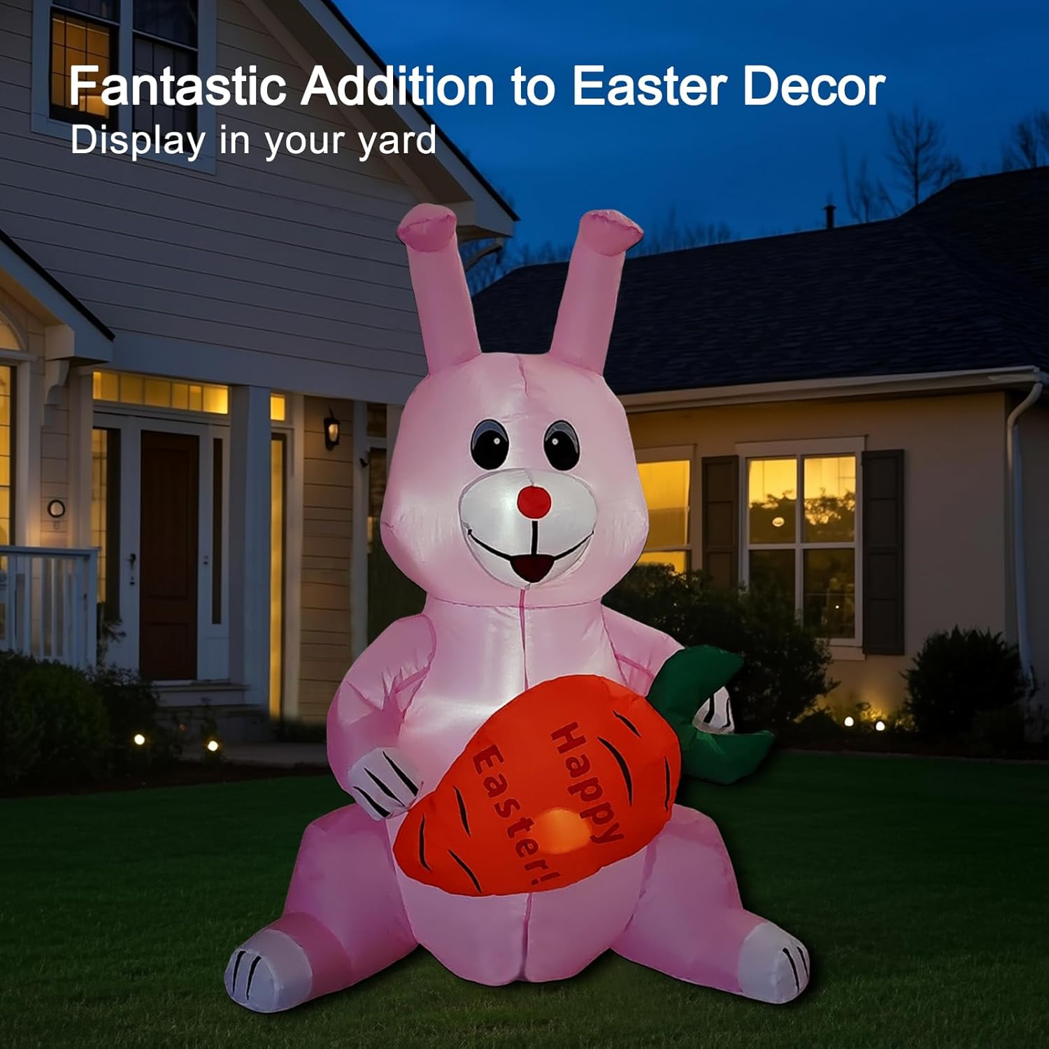 ONEIN 125CM Easter Bunny Inflatables Outdoor Decorations with Built-In LED Light, Blow up Sitting Rabbit Holds a Carrot for Yard Garden Lawn Decor image number 5