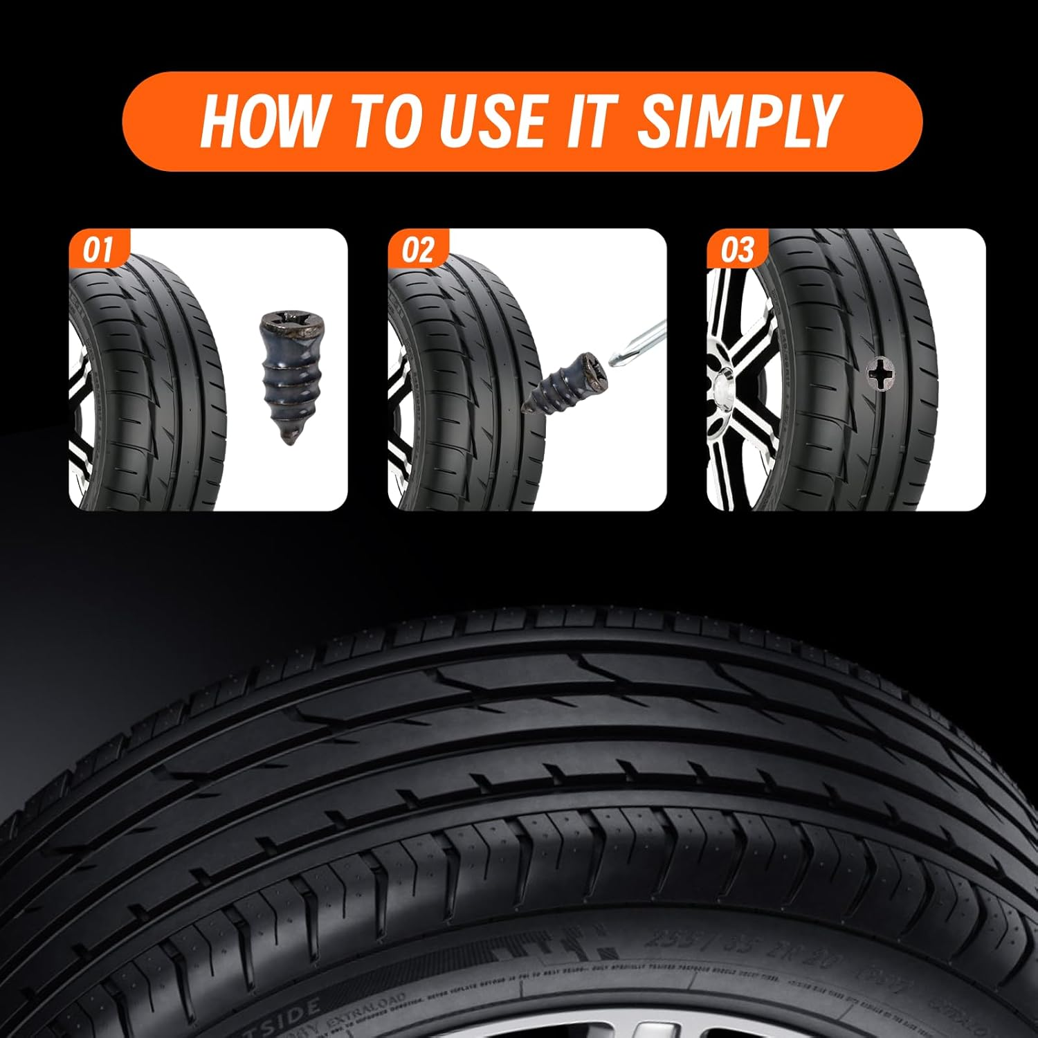 80 Pcs Tire Repair Rubber Nail, Vacuum Tire Repair Kits Spiral Rubber Nails Fast Tool Self-Service Tire Repair Nail for Car Motorcycle Truck (Black) image number 4