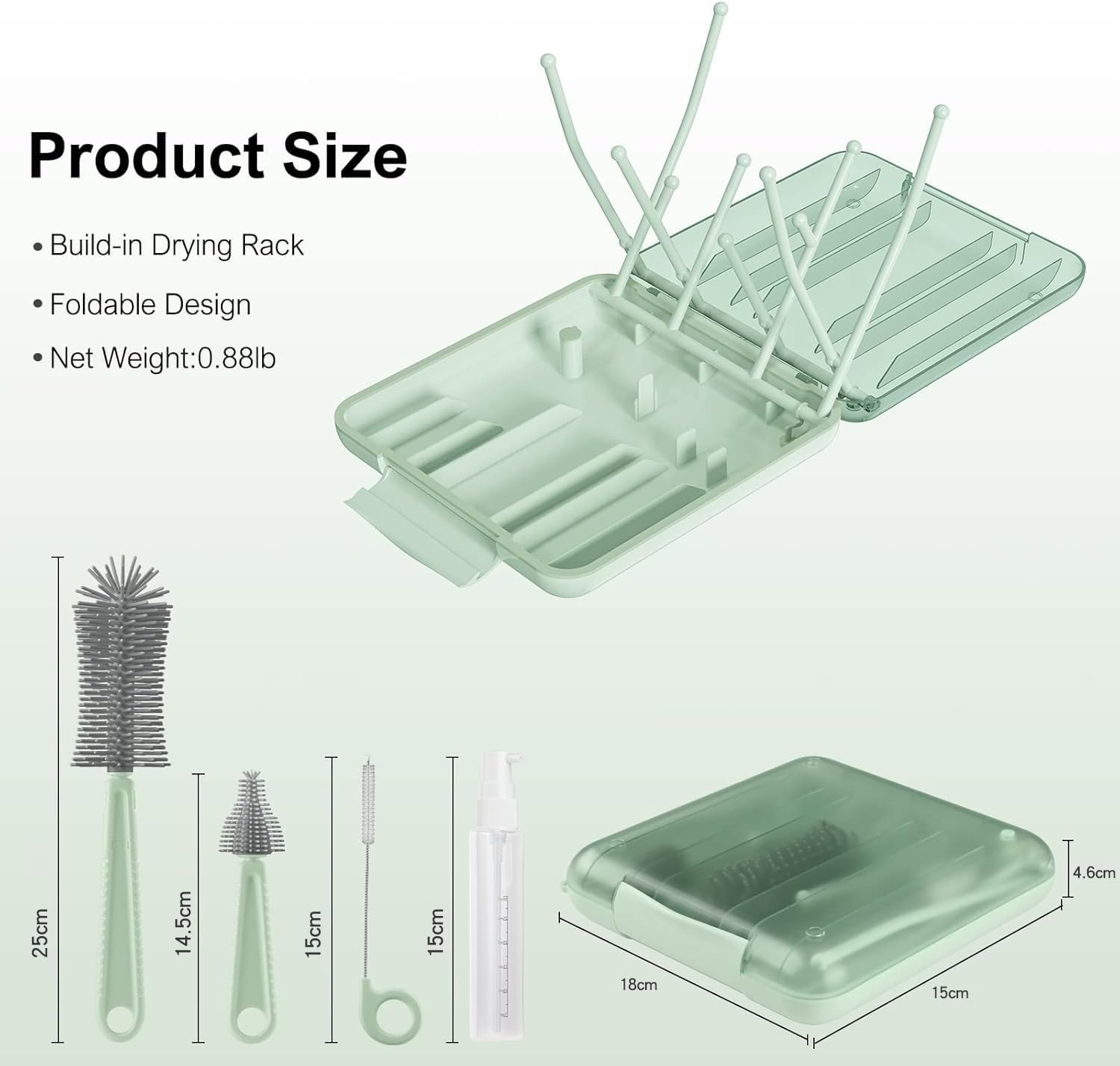 Ronluuu Baby Bottle Brush Set with Silicone Bristles | 6-In-1 Multi Function Cleaning Kit, Teat/Straw Brushes, Compact Drying Stand & Travel Storage Case | Home & Travel Use (Green) image number 3