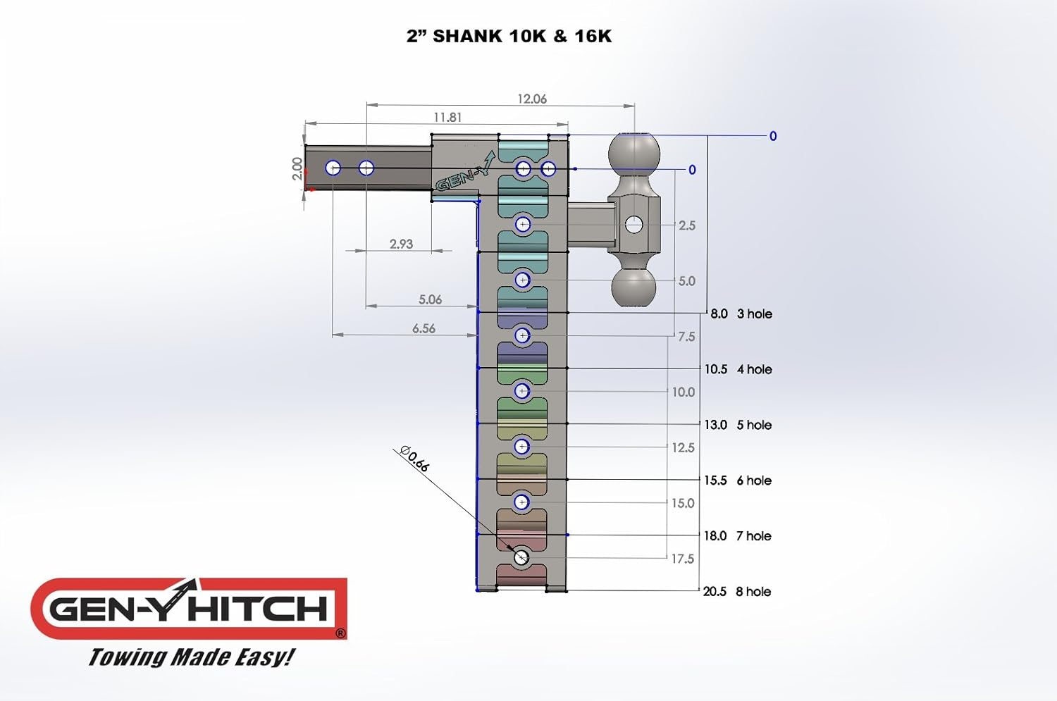 Geny 303,Adjustable Drop Hitch,3-Slot Dual 2" Hitch Receiver, 5" Drop Raise Solid Shank Hitch Only image number 2