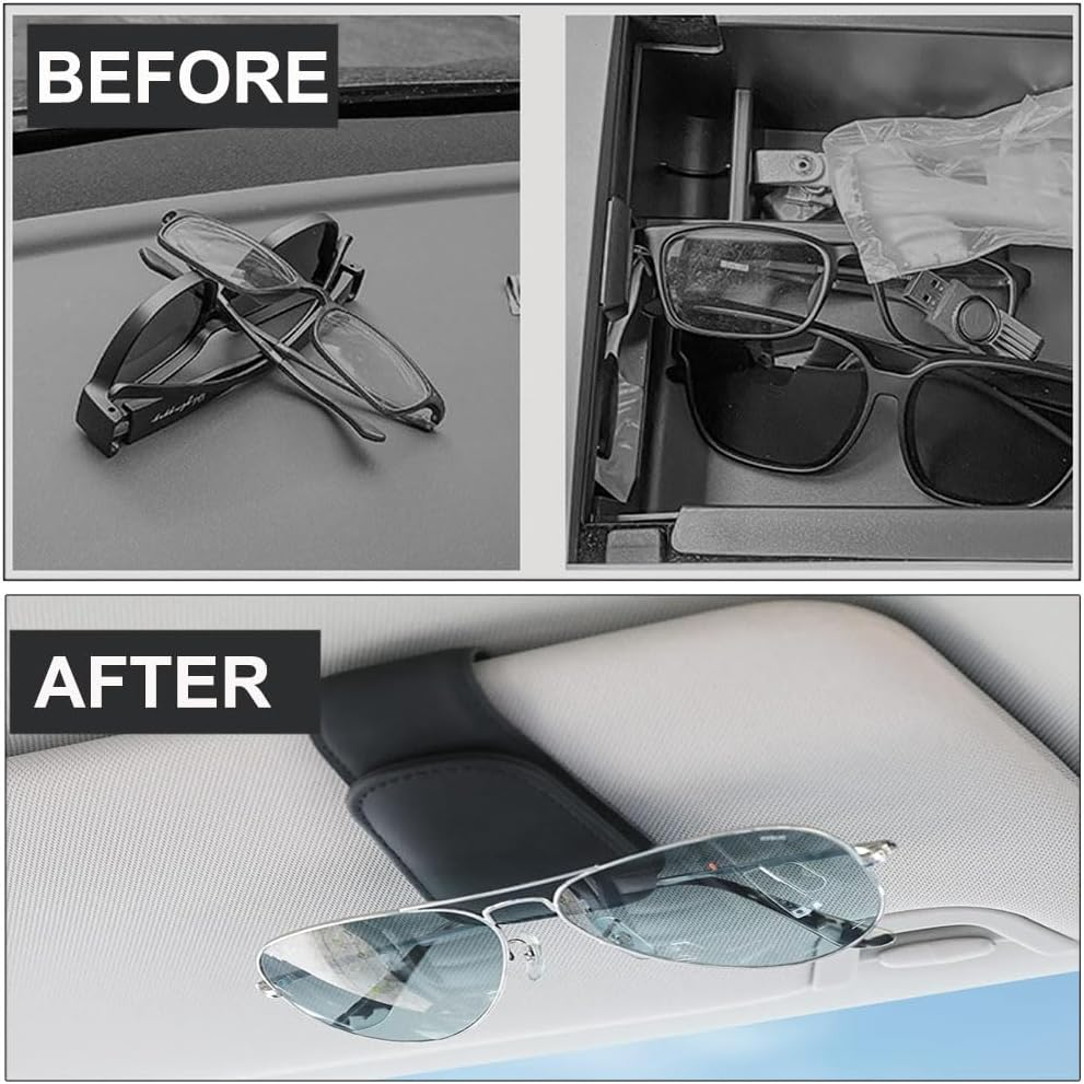 Reelau 2 Pack Sunglasses Holders for Car Sun Visor, Magnetic Leather Glasses Eyeglass Hanger Clip for Car, Ticket Card Clip, Car Visor Accessories (Black)