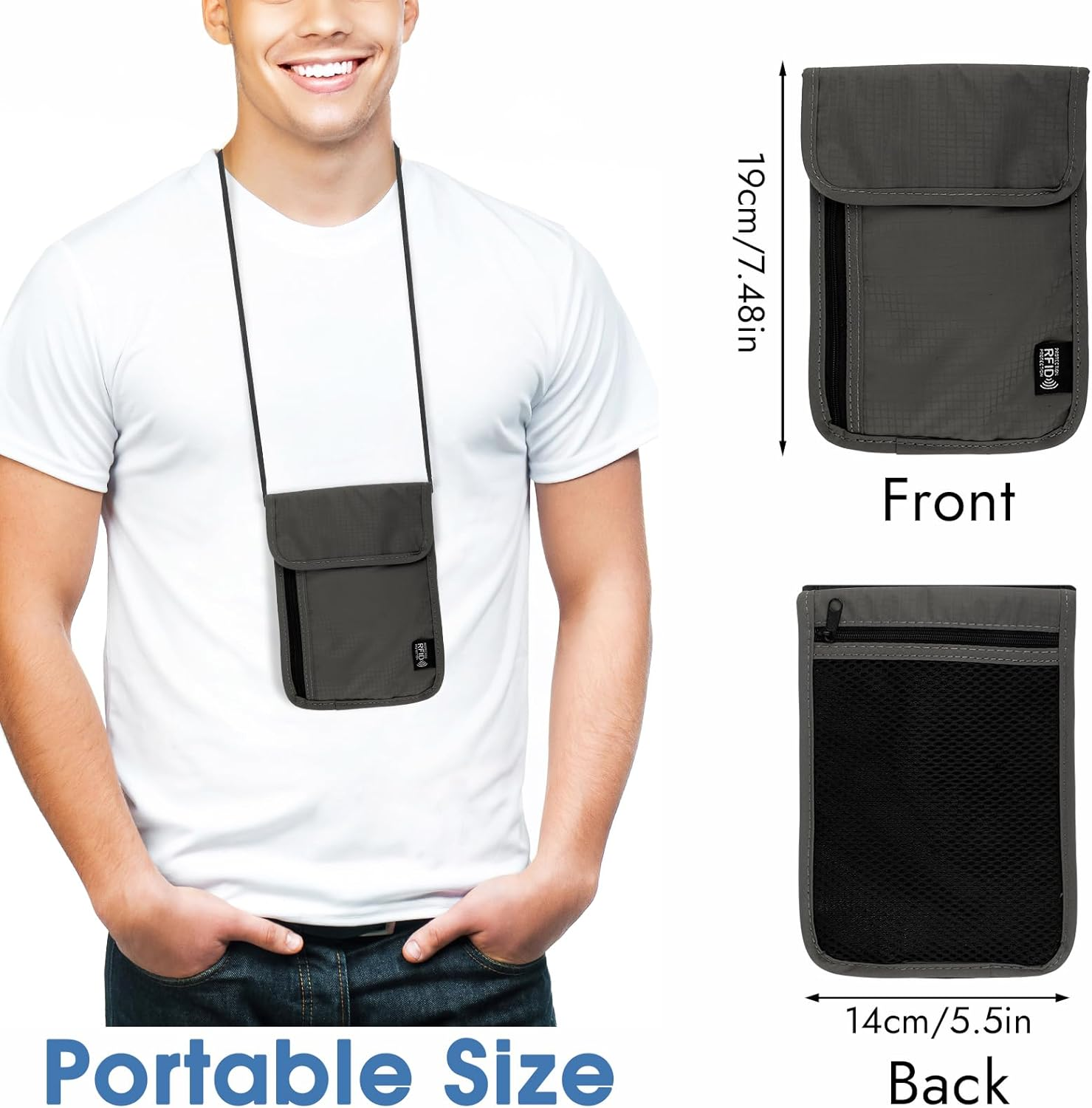 Neck Pouch with RFID Protection, Anti-Theft Unisex Travel Purse, Waterproof Black Mobile Phone Shoulder Bag Men, Neck Pouch Boys for Passport, Credit Cards, Smartphone, Coins, Money, Gray, Anti-Theft