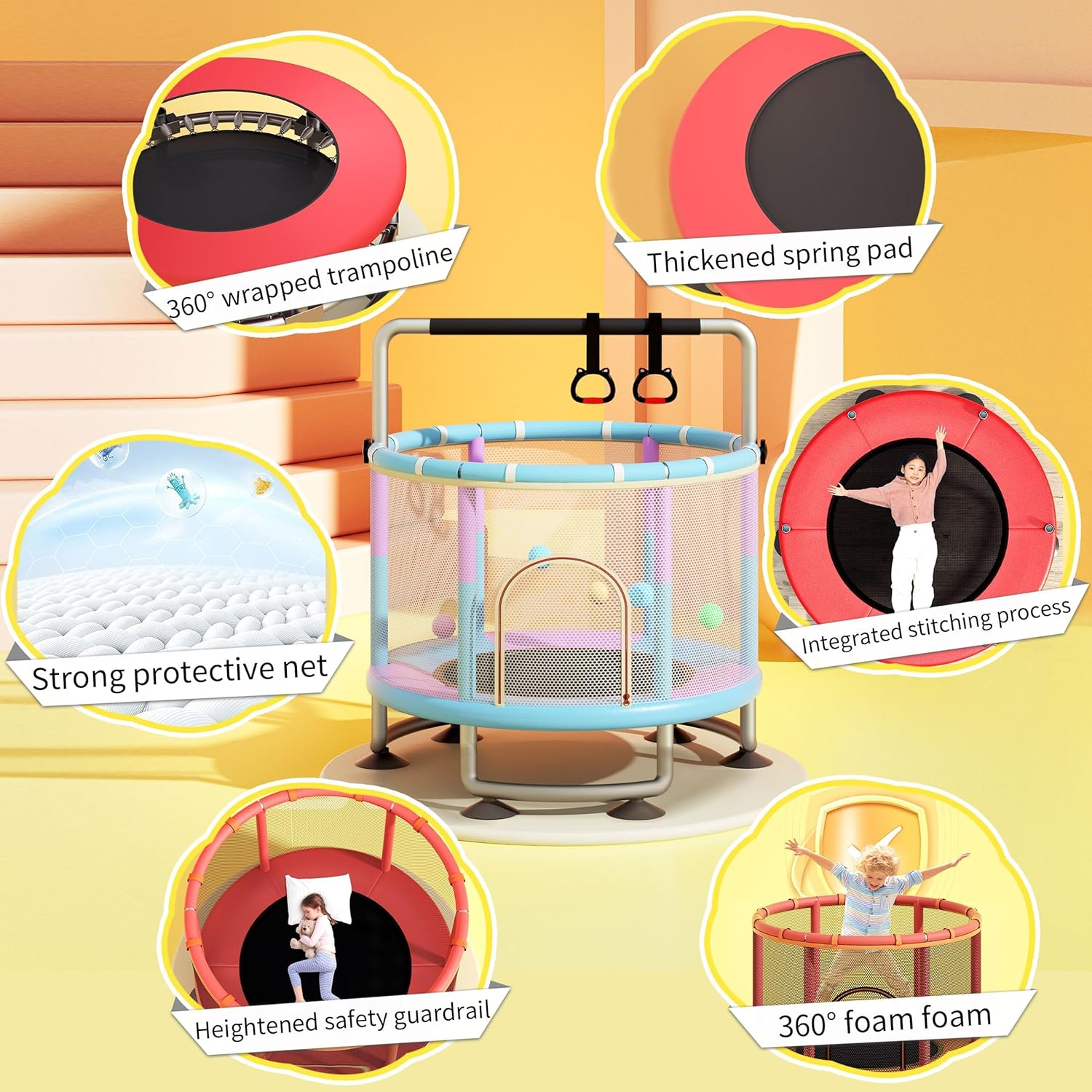 60" Trampoline for Kids with Enclosure, 200Kg Capacity Indoor & Outdoor Toddler Trampoline with Adjustable Gymnastics Bar, Upgraded Ring Legs & Toys, for Boys & Girls - Blue image number 5