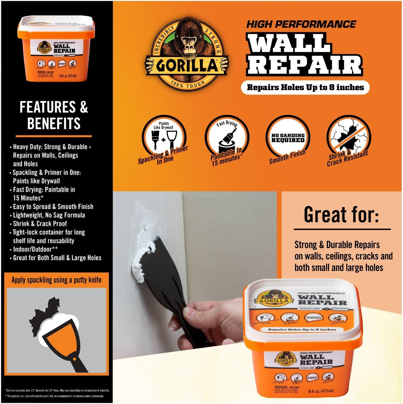 Gorilla Heavy Duty Wall Repair Spackling + Primer, 16 Ounce Tub image number 2