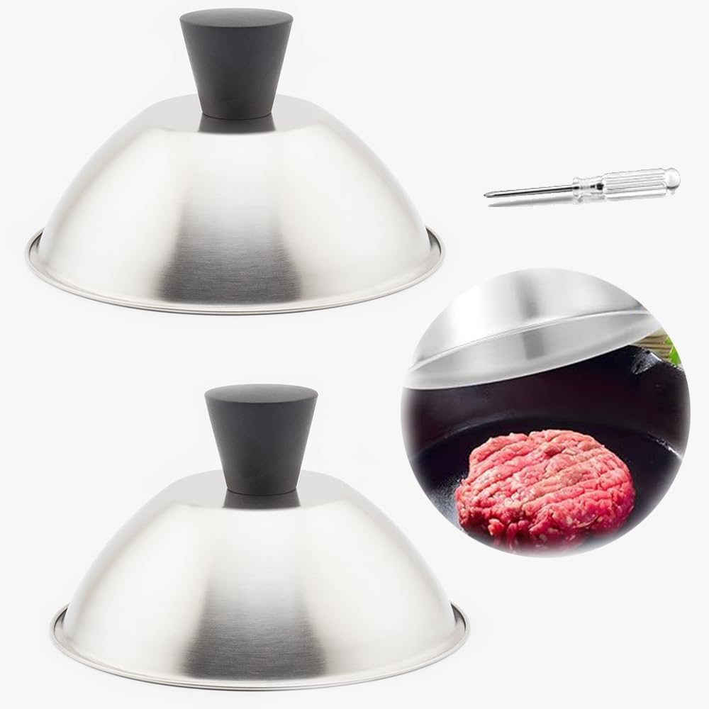 2 PCS Burger Covers Stainless Steel,Small Metal Steaming Cover Grill Lid,Cheese Melting Dome,Ideal for Indoor & Outdoor Flat Top Griddle Teppanyaki, Dishwasher Safe